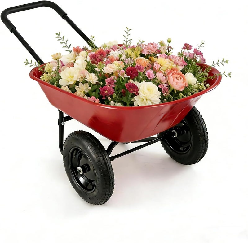 ERGOMASTER Dual-Wheel Wheelbarrow, Home Utility Garden Cart, Large Heavy Duty Yard Cart for Gardening (Red) - Image 1